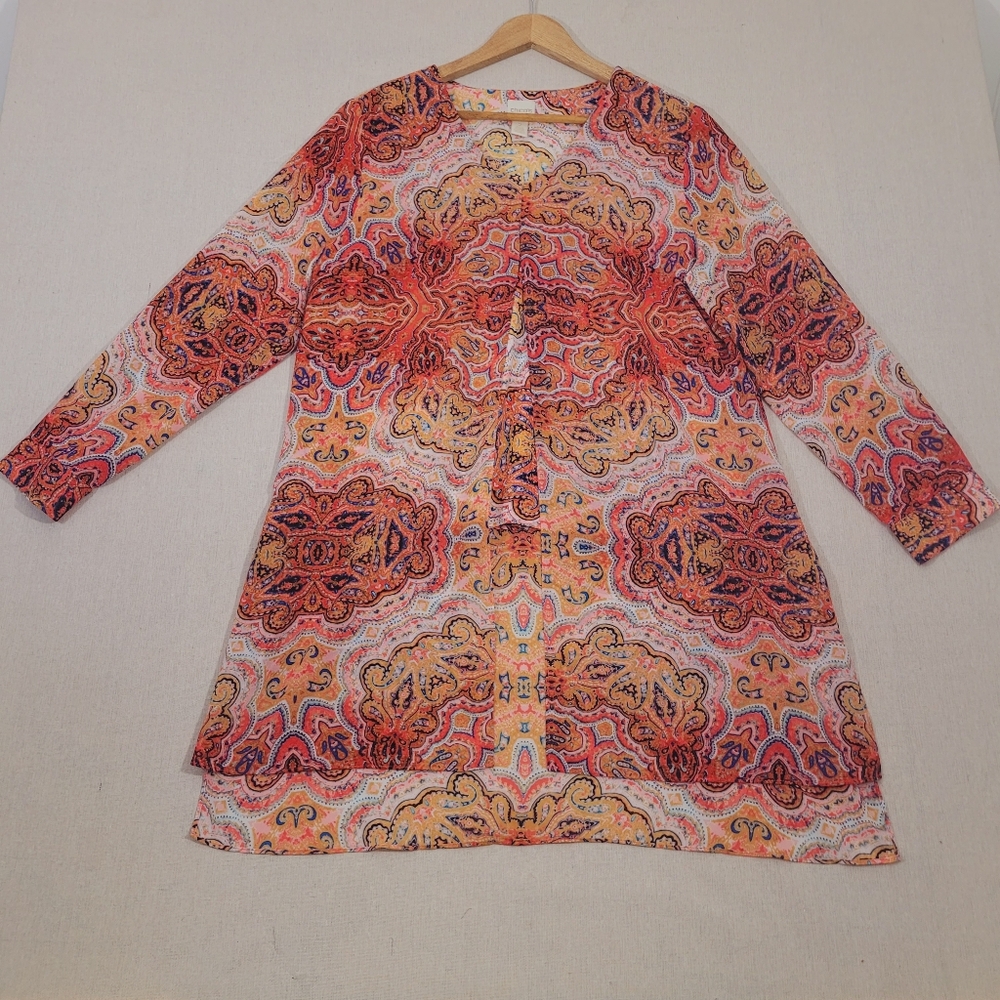 Chico's 2 Women's Sz Large Long Paisley Top Sheer Lined Layered Blouse Lagenlook